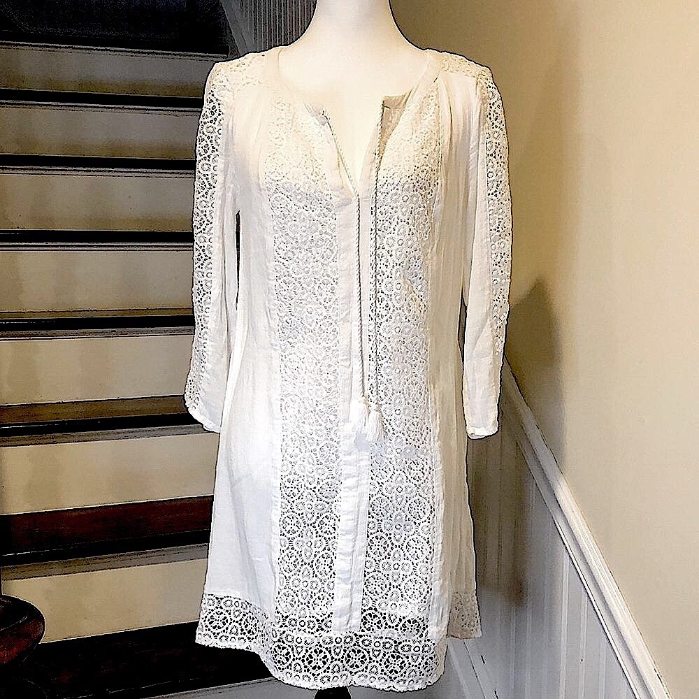 LUCKY BRAND Fully Lined White Crochet Long Sleeve Tunic w Tassels Sz Small - Picture 16 of 16